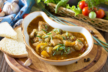 Traditional Georgian hot ragout with meat and vegetables (eggpla
