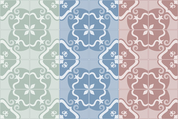 Fototapeta na wymiar Traditional decorative ornate portuguese and brazilian tiles azulejos. Set of 3 color variations in blue, green and red. Spanish talavera tiles. Abstract background. Vector illustration, eps10. 