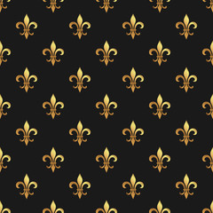 Golden fleur-de-lis seamless pattern. Gold template. Floral classic texture. Fleur de lis royal lily retro background. Design vintage for card, wallpaper, wrapping, textile. © tanyushka81_81