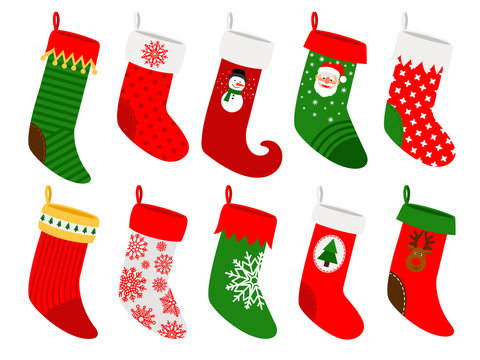 Christmas socks. Vector striped hanging stockings with snowflakes isolated on white background