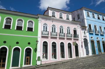 Fototapeta na wymiar The historic city center of Pelourinho in Salvador da Bahia, Brazil featuring colorful colonial architecture on a broad cobblestone hill