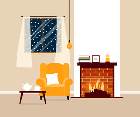 Cozy vector interior of the living room with fireplace