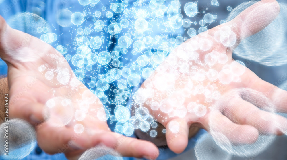 Poster Businessman holding 3D rendering data network sphere in his hand