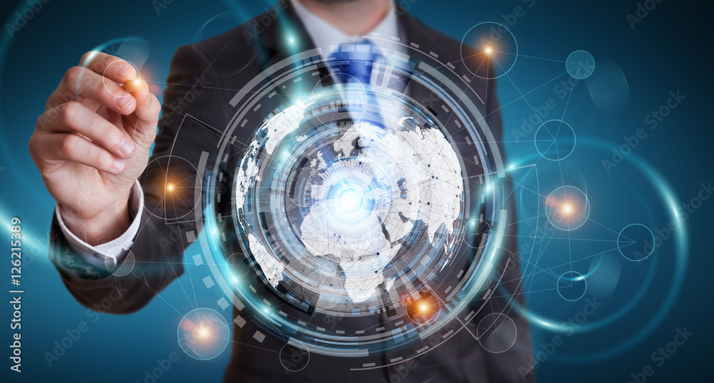 Poster Businessman using hologram screen with digital data
