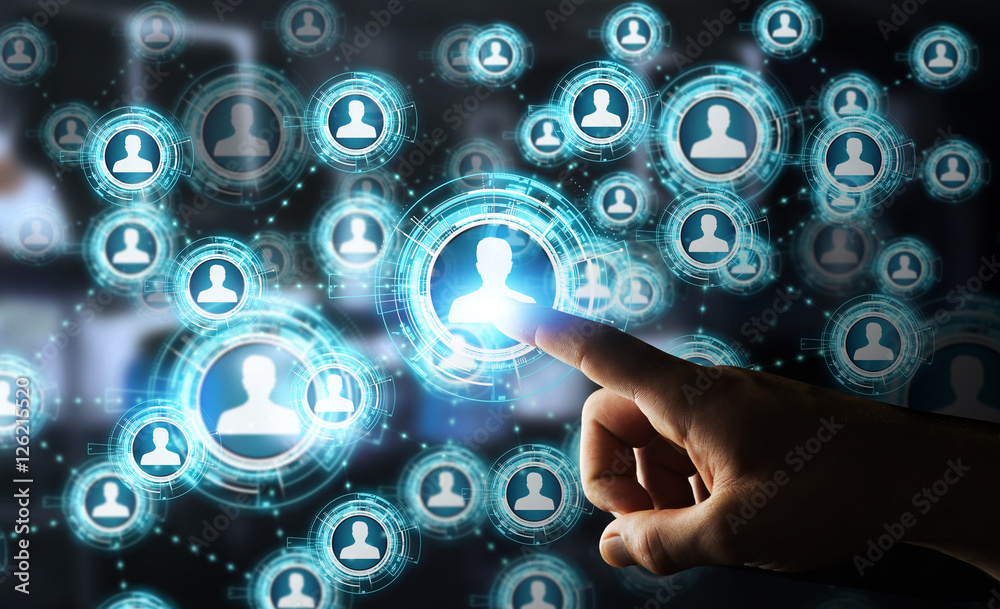 Poster businessman using blue social network 3d rendering