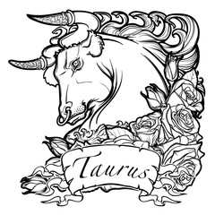 Zodiac sign of Taurus. with a decorative frame of roses Astrology concept art. Tattoo design. Black and white sketch isolated on white background. EPS10 vector illustration.