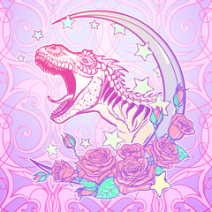 Obraz na płótnie Canvas Detailed sketch style drawing of the roaring tyrannosaurus rex on Kawaii Moon and roses frame. Tattoo design. Concept art drawing. Pastel goth pallette. EPS10 vector illustration.