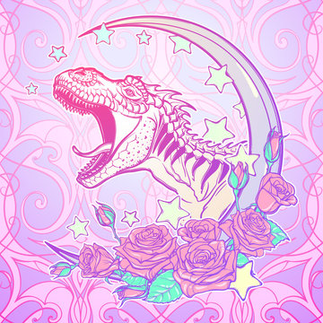 Detailed sketch style drawing of the roaring tyrannosaurus rex on Kawaii Moon and roses frame. Tattoo design. Concept art drawing. Pastel goth pallette. EPS10 vector illustration.