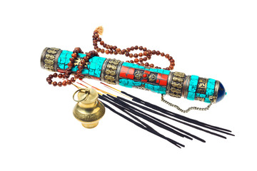 Buddhist or hindu accessories - Vintage tube for storage scrolls with mantras, prayer beads (Japa...