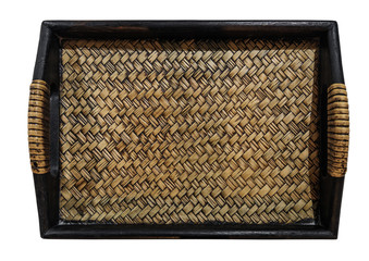 Wooden with weave rattan tray, isolated on white background