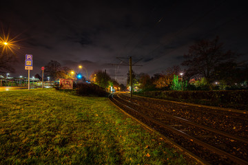 Tram station by night