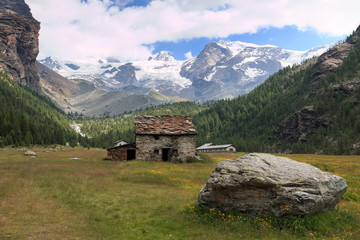 Fototapeta na wymiar Pian di Verra, in valle d'Ayas. Sullo sfondo il Castore e il Polluce (Monte Rosa)