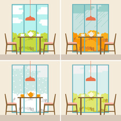 Vector illustration of the dining rooms in different seasons