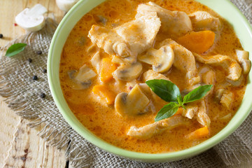 Traditional hot stew with meat and mushrooms. Healthy food conce