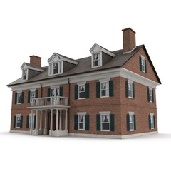 Fototapeta na wymiar Colonial style reproduction home exterior on white. 3D illustration