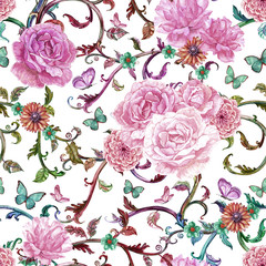 Naklejka premium fancy seamless texture with baroque floral scroll filigree of wa