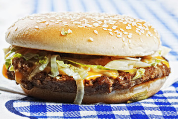 Hamburger on tablecloth sideview