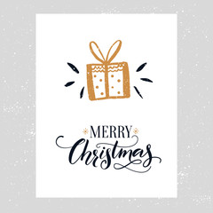 Fototapeta na wymiar Merry Christmas card. Minimalistic design with hand drawn gift icon and ornate calligraphy text.