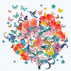 abstract floral tree with flying butterflies. watercolor paintin
