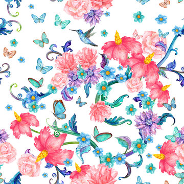 seamless texture with fantasy floral and butterflies. watercolor
