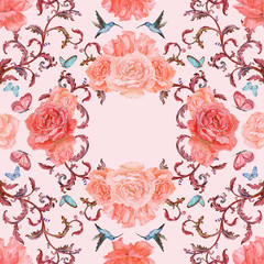 delicate seamless texture with roses frame and hummingbird. wate