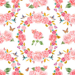 romantic seamless texture with rose fancy and butterflies. water