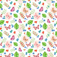 Naklejka premium cute seamless texture with flowers and butterflies. watercolor p