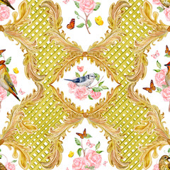Obraz premium gold seamless texture with golden floral scroll filigree and bir