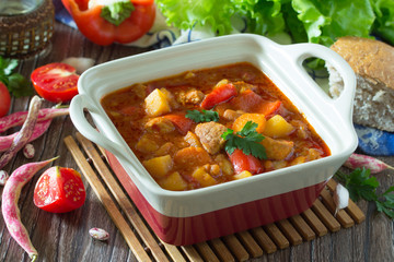 Hungarian goulash. Traditional hot ragout with meat, paprika and