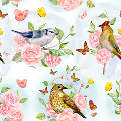 Panele Szklane  retro bezszwowa tekstura z uroczymi ptakami na różanym drzewie i uroczym f