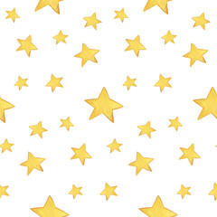 Seamless watercolor pattern: Merry Christmas, yellow stars