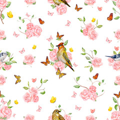 nature seamless texture with birds, butterflies and roses. water