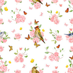 nature seamless texture with birds, butterflies and roses. water
