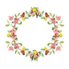 romantic invitation card with floral wreath of roses. watercolor