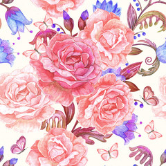 colorful seamless texture with fancy flora and butterflies. wate