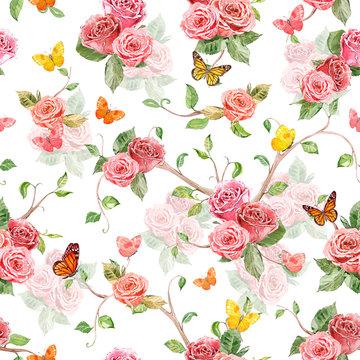 fashion seamless texture with roses and flying butterflies. wate