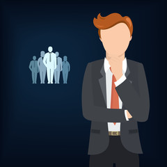 Businessman thinking about teamwork. Closeup view of Business person without face and icon teamwork.