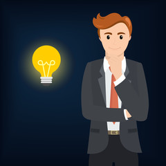 The businessman thinking and the bulb shines. Idea concept. Vector flat design illustration.