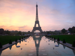 View of the Eiffel tower with the Trocadero in the autumn morning