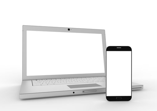 Laptop smartphone mockup on white background. 3d illustration.