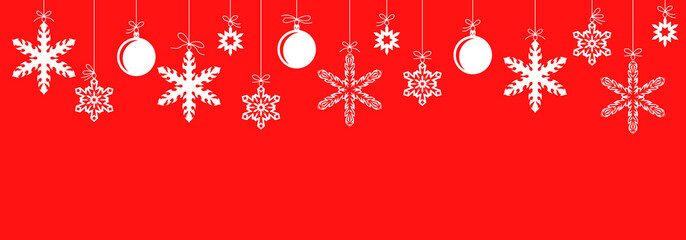 Christmas red banner with snowflakes baubles hanging