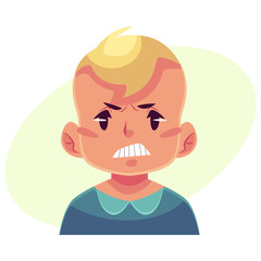 Little boy face, angry facial expression, cartoon vector illustrations isolated on yellow background. Blond male kid emoji face, feeling distresses, frustrated, sullen, upset. Angry face expression