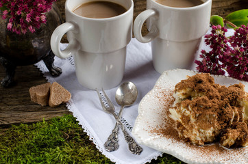 Two cups of coffee and dessert tiramisu