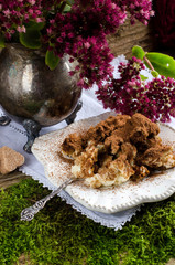 Autumn composition with a dessert of tiramisu