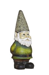Closeup of Gnome with sparkled hat and green suit with no background. View from partial side profile/Gnome in green suit on isolated background from side view