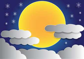 big full moon and cloud background in the night sky, christmas background, vector, copy space for text, illustration, paper art and origami style