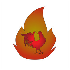 red rooster on the background of fire