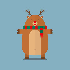 cute fat big reindeer wear scarf flat design on blue background