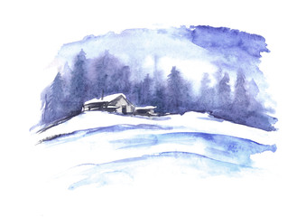 Fototapeta na wymiar Watercolor winter pattern. Country landscape. The picture shows a house, spruce, pine, forest, snow and drifts.
