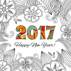 New year card with numbers 2017 on floral background.